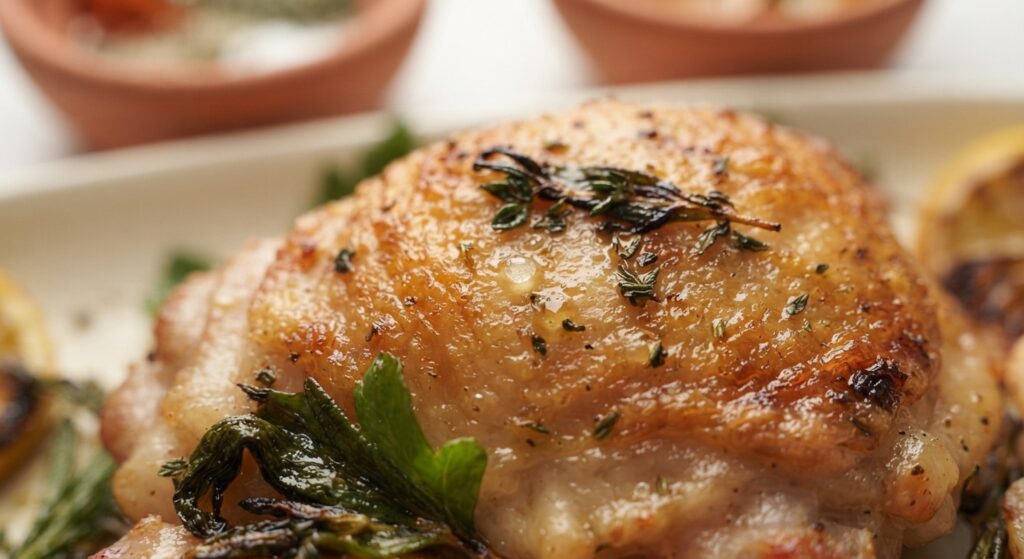 Macro close-up of crispy golden chicken skin with caramelized herbs and lemon from air fryer