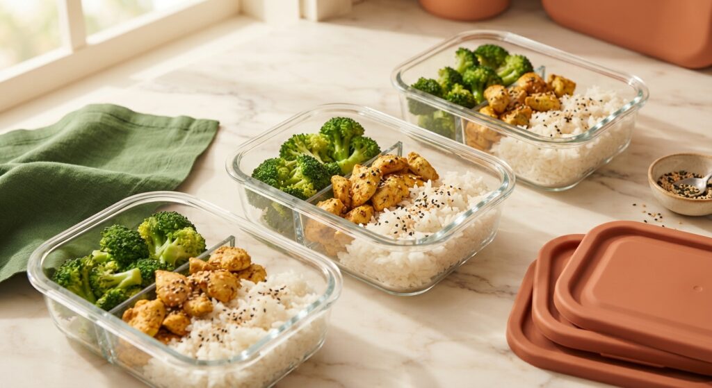 Meal prep chicken and broccoli rice bowls in glass containers ready for the week