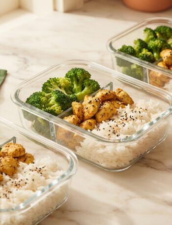 Meal prep chicken and broccoli rice bowls in glass containers ready for the week