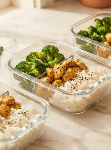 Meal prep chicken and broccoli rice bowls in glass containers ready for the week