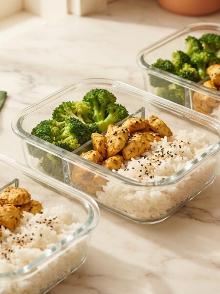 Meal prep chicken and broccoli rice bowls in glass containers ready for the week