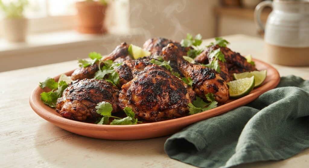 Oven-baked Jamaican jerk chicken with caramelized skin on terracotta platter with lime and cilantro