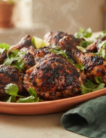 Oven-baked Jamaican jerk chicken with caramelized skin on terracotta platter with lime and cilantro