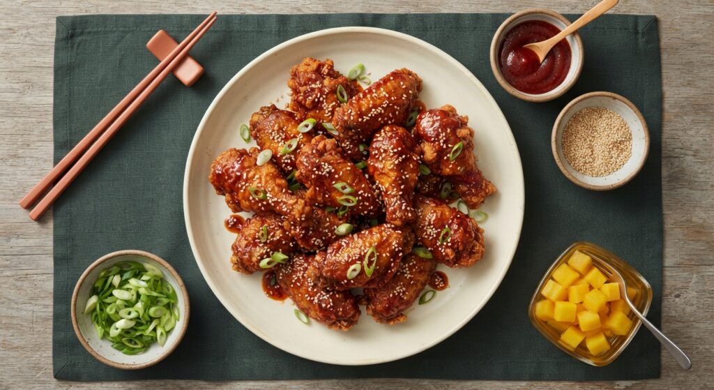Overhead flatlay of Korean fried chicken with ingredients and garnishes