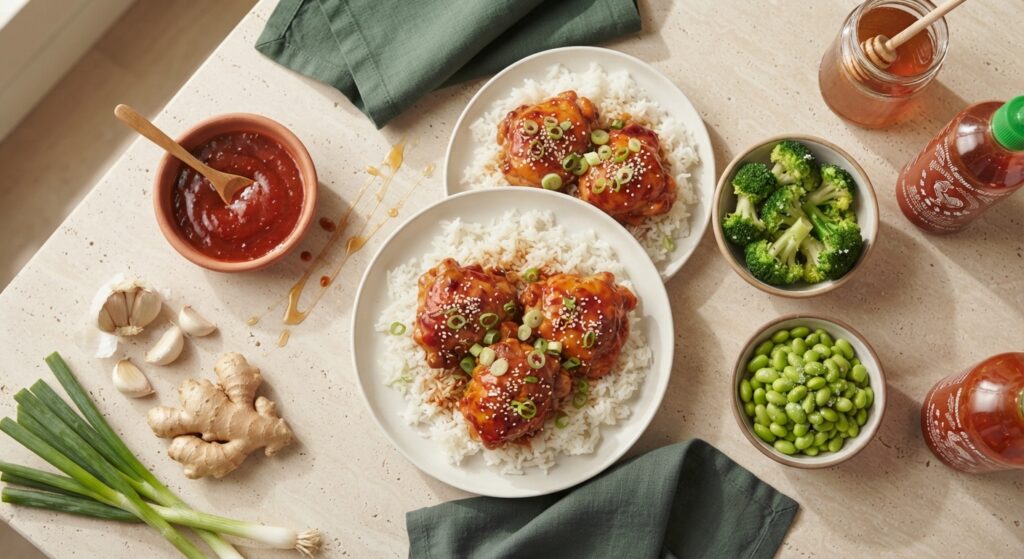 Overhead flatlay of honey sriracha chicken dinner with rice vegetables and ingredients