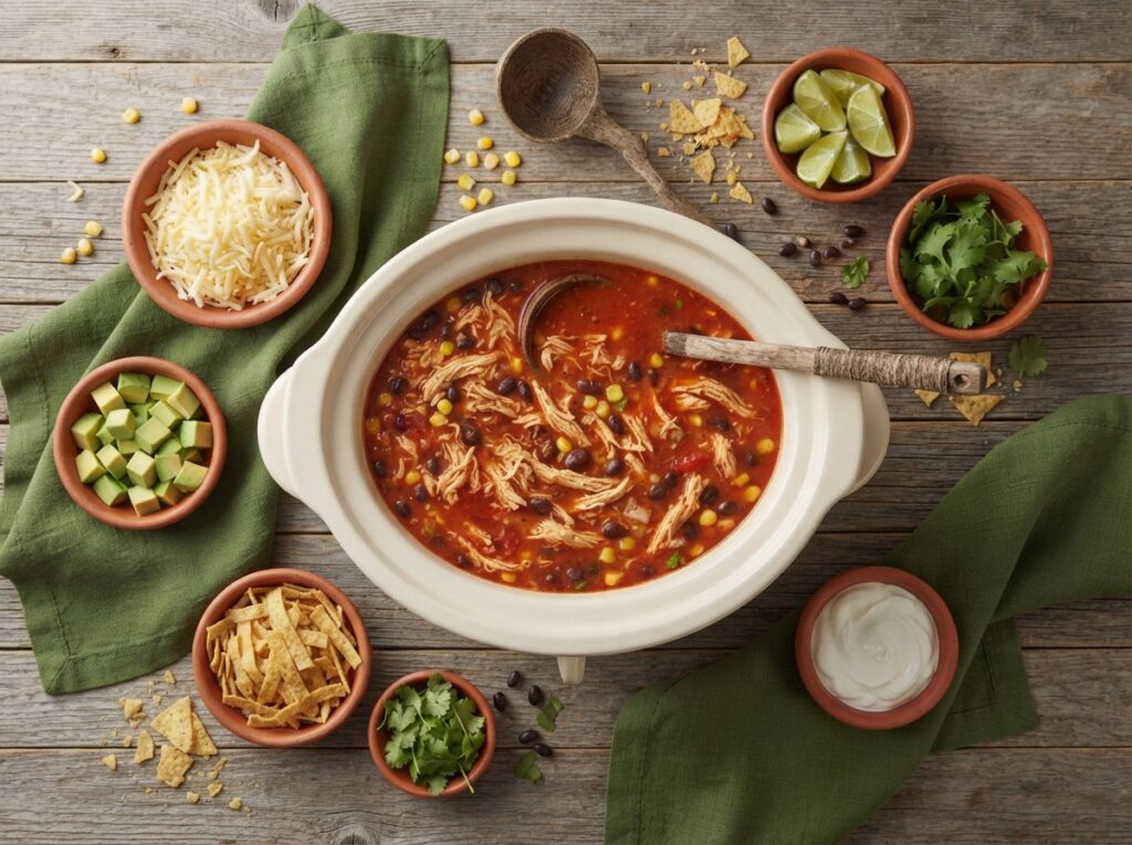 Overhead flatlay of slow cooker chicken tortilla soup with all toppings and garnishes arranged on wooden table