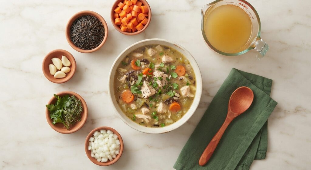 Overhead flatlay of slow cooker chicken wild rice soup with ingredients arranged around bowl