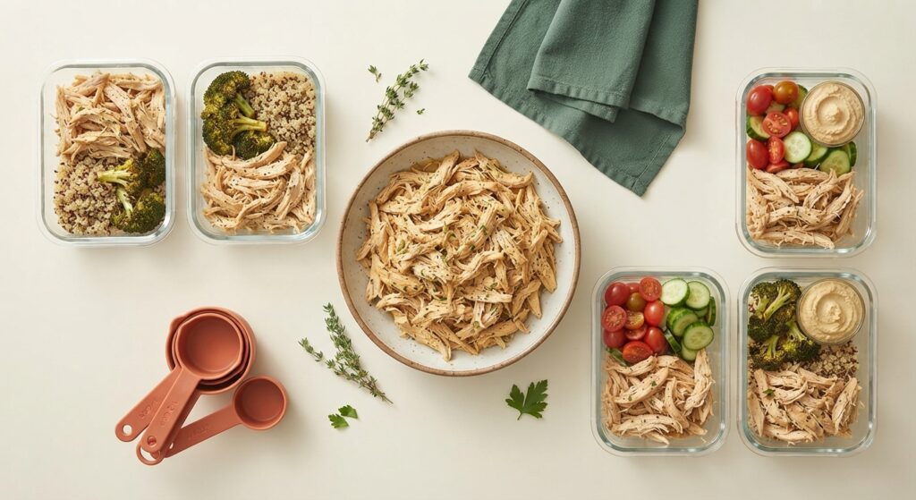 Overhead flatlay of slow cooker shredded chicken meal prep containers