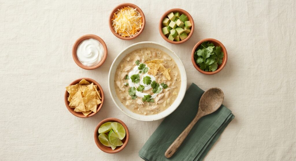 Overhead flatlay of white chicken chili with bowls of toppings including cheese, avocado, cilantro, and tortilla chips