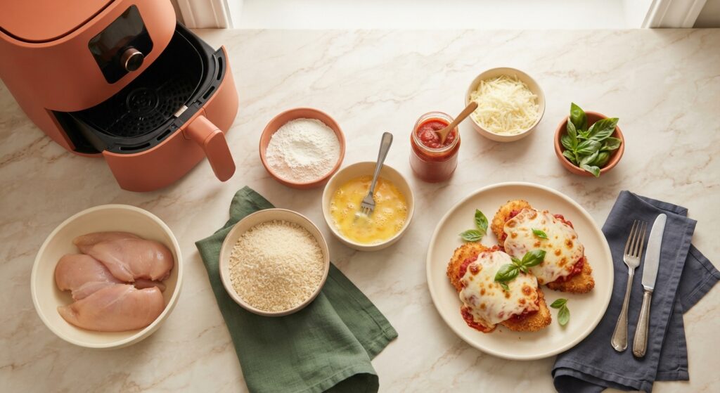 Overhead view of air fryer chicken parmesan ingredients and finished dish with air fryer on cream countertop