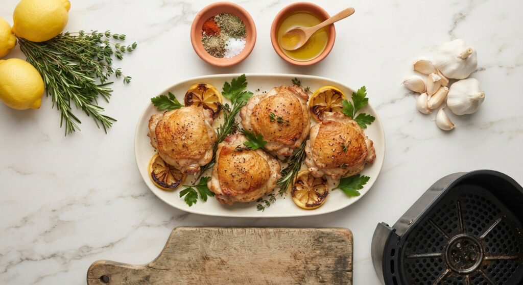Overhead view of air fryer lemon herb chicken thighs with fresh lemons, herbs, garlic and spices on marble countertop