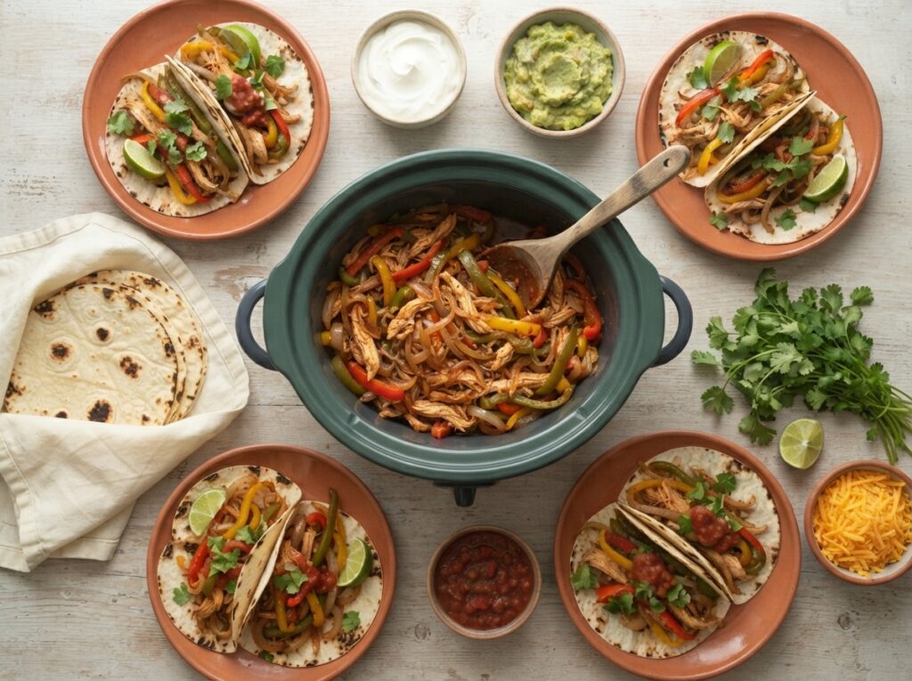 Overhead view of crockpot chicken fajitas with toppings, tortillas and fresh ingredients arranged on table