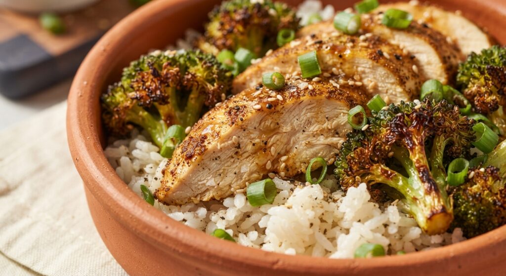 Overhead view of weekly meal prep chicken broccoli rice bowls arranged neatly