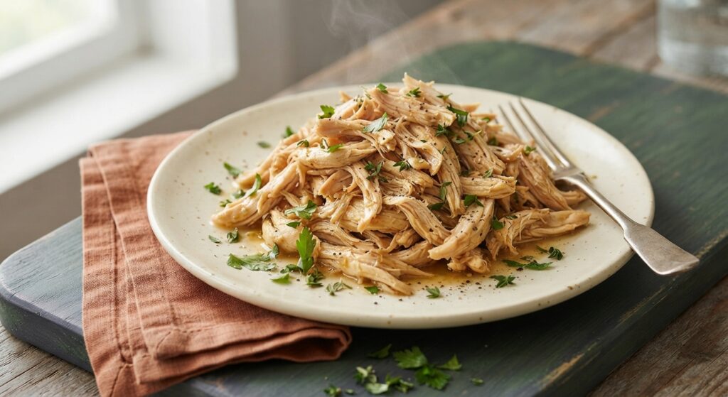 Slow cooker shredded chicken on cream plate with herbs and terracotta napkin