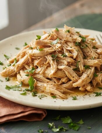 Slow cooker shredded chicken on cream plate with herbs and terracotta napkin