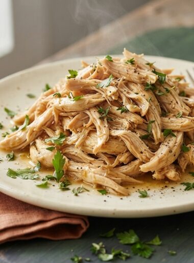 Slow cooker shredded chicken on cream plate with herbs and terracotta napkin
