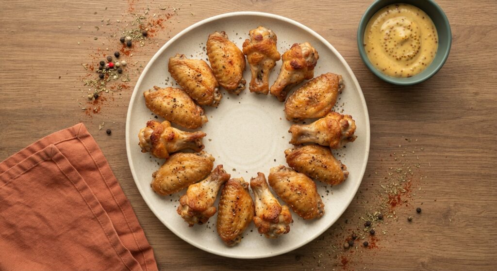 Top down flatlay of crispy air fryer chicken wings with spices and dipping sauce